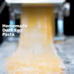 Homemade duck egg pasta being cut into tagliatelle in a pasta machine featuring a title overlay.