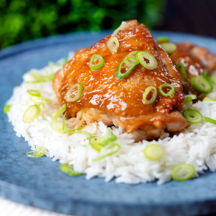 Easy Filipino chicken adobo with coconut milk served with jasmine rice and spring onions.