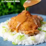 Coconut milk adobo sauce being poured over braised chicken thighs featuring a title overlay.