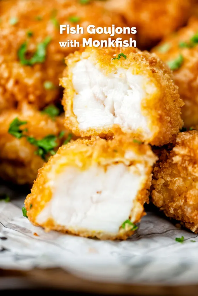 Fish goujons or nuggets with one cut open showing the meaty texture of monkfish featuring a title overlay.