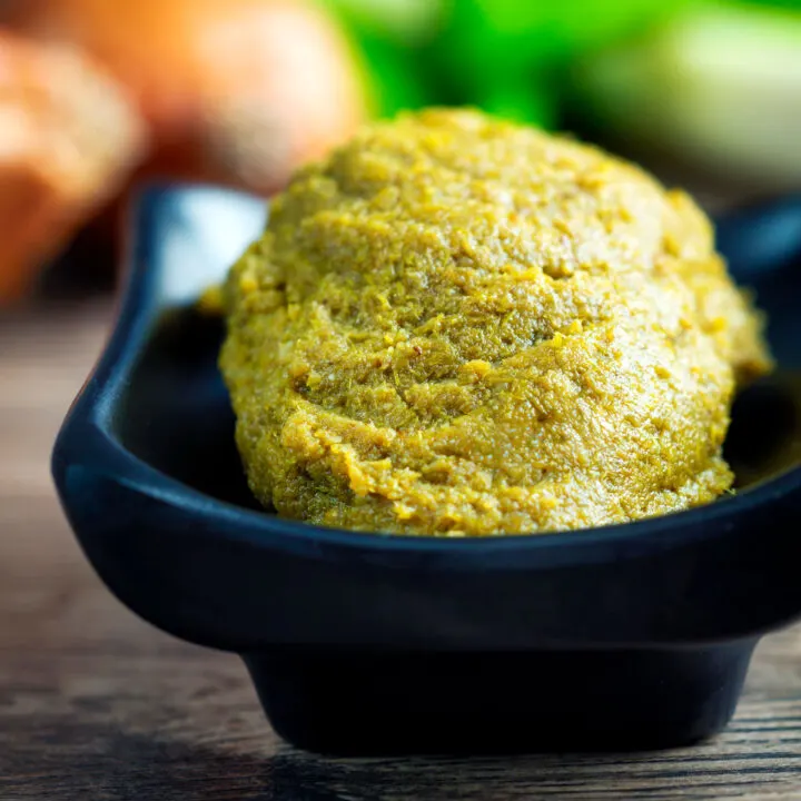 Close-up homemade Thai green curry paste.