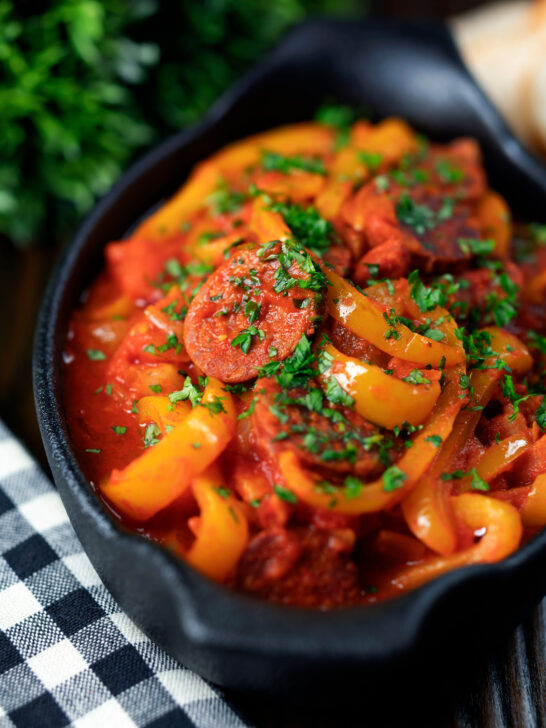 Hungarian pepper and tomato stew known as lecsó or lecso.