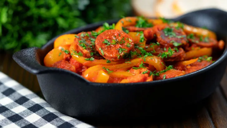 Lecsó or lecso, a Hungarian pepper and tomato stew with bacon and cured sausage.