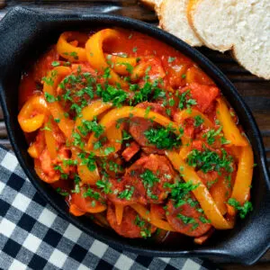 Lecs&oacute; or lecso, a Hungarian pepper and tomato stew with bacon and cured sausage.