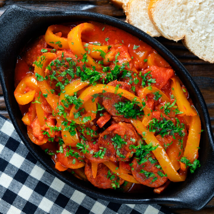 Lecsó or lecso, a Hungarian pepper and tomato stew with bacon and cured sausage.