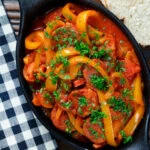 Overhead Hungarian pepper and tomato stew known as lecsó or lecso.