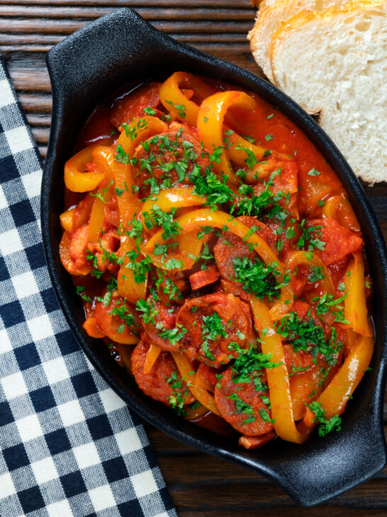 Overhead Hungarian pepper and tomato stew known as lecsó or lecso.