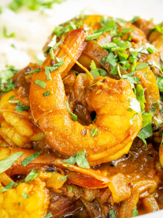 Close-up quick and easy Indian inspired prawn curry.