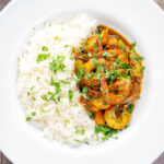Overhead quick and easy Indian inspired prawn curry.