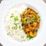 Overhead quick and easy Indian inspired prawn curry featuring a title overlay.