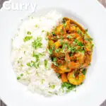 Overhead quick and easy Indian inspired prawn curry featuring a title overlay.