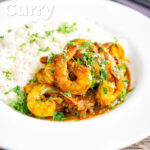 Quick and easy Indian inspired prawn curry featuring a title overlay.