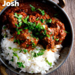 Overhead lamb rogan josh curry with rice, naan and fresh coriander featuring a title overlay.