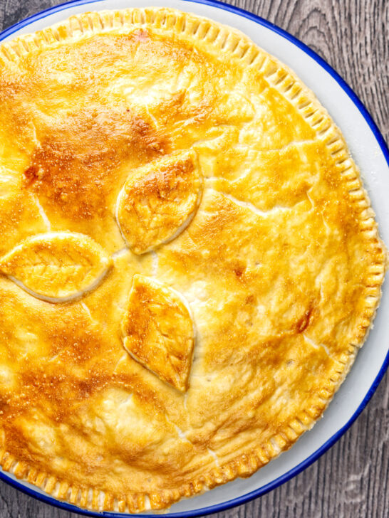 Overhead traditional British plate pie with shortcrust pastry.