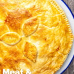 Overhead traditional British plate pie with shortcrust pastry featuring a title overlay.