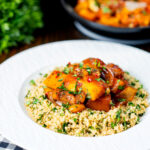 Moroccan influenced butternut squash tagine served with herby couscous.