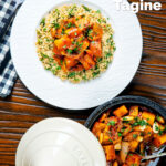 Overhead butternut squash tagine served with buttered herby couscous featuring a title overlay.