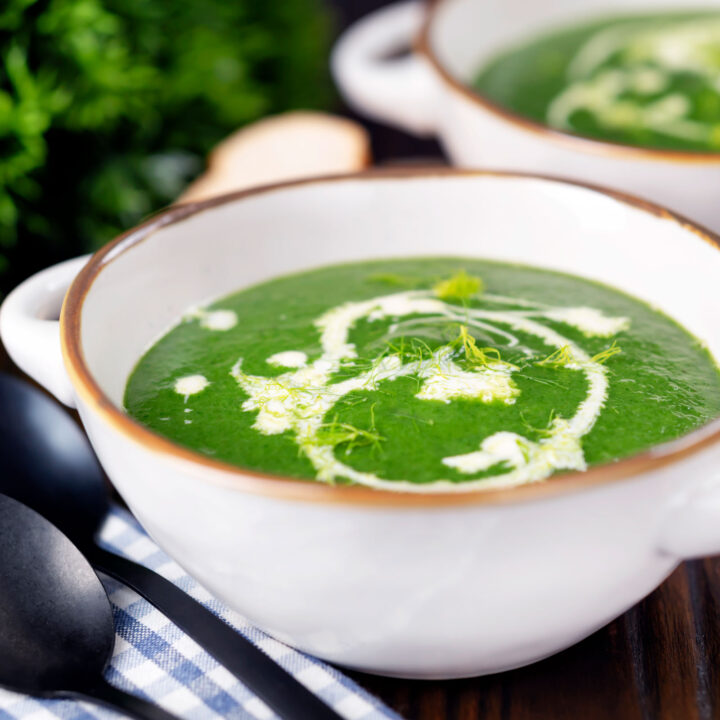 Verdant green silky smooth spinach and fennel soup with a swirl of cream and fennel fronds.