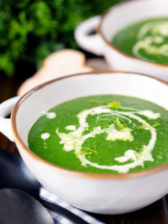 Spinach and fennel soup with fresh fennel fronds and bread.