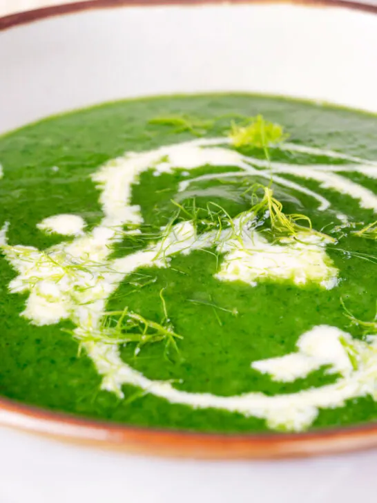 Close up verdant green spinach and fennel soup with fresh fennel fronds.