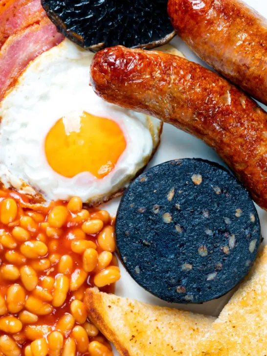 Overhead close-up of a full English breakfast or the ultimate fry up.