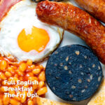 Overhead close-up of a full English breakfast or the ultimate fry up featuring a title overlay.