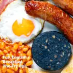 Overhead close-up of a full English breakfast or the ultimate fry up featuring a title overlay.