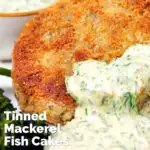 Close-up tinned mackerel fish cakes with homemade tartar sauce featuring a title overlay.