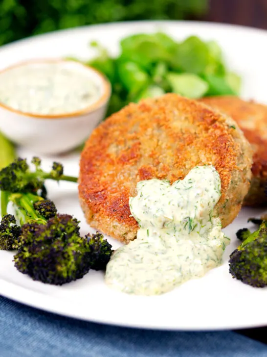 Tinned mackerel fish cakes with homemade tartar sauce.