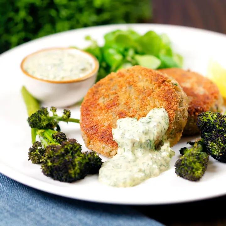 Tinned mackerel fish cakes with homemade tartare sauce and roasted tenderstem broccoli.