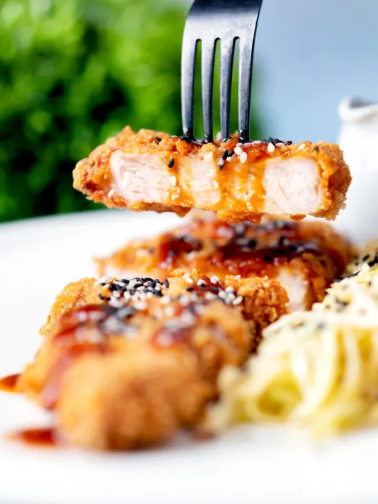 Close-up showing the texture of fried Japanese tonkatsu pork schnitzel.