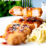 Close-up showing the texture of fried Japanese tonkatsu pork schnitzel featuring a title overlay.