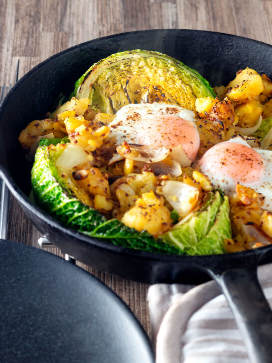 Leftover cabbage and potato bake with eggs and mustard.