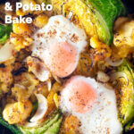 Overhead leftover cabbage and potato bake with eggs and mustard featuring a title overlay.