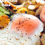 Close-up baked eggs in a a vegetarian left over cabbage and potato bake featuring a title overlay.