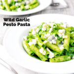 Two bowls of wild garlic pesto pasta with rigatoni featuring a title overlay.