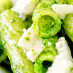 Close up wild garlic pesto served with rigatoni and gorgonzola cheese.
