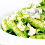 Wild garlic pesto pasta served with gorgonzola cheese.