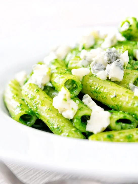 Wild garlic pesto pasta served with gorgonzola cheese.