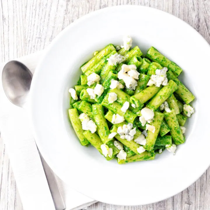 Wild garlic pesto with rigatoni pasta and gorgonzola cheese.