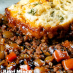 Close-up suet dumpling served on a minced beef and onion stew featuring a title overlay.