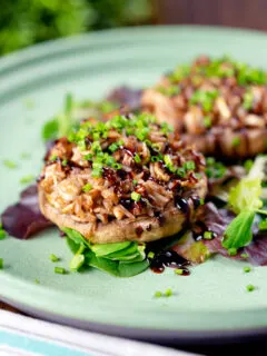 Brown rice stuffed mushrooms with cheddar cheese and balsamic.