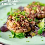 Brown rice stuffed mushrooms with cheddar cheese and balsamic featuring a title overlay.