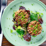 Overhead brown rice stuffed mushrooms with cheddar cheese and balsamic.