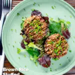 Overhead brown rice stuffed mushrooms with cheddar cheese and balsamic, featuring a title overlay.