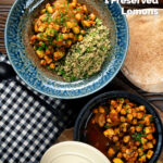 Overhead chickpea tagine with courgettes, harissa, and preserved lemons served with couscous, featuring a title overlay.