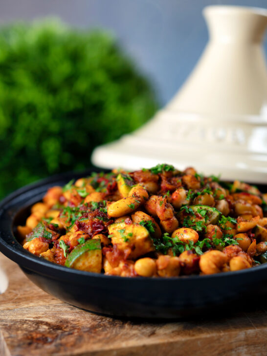 Chickpea tagine with courgettes, harissa, almonds and preserved lemons.