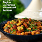 Chickpea tagine with courgettes, harissa, almonds and preserved lemons, featuring a title overlay.