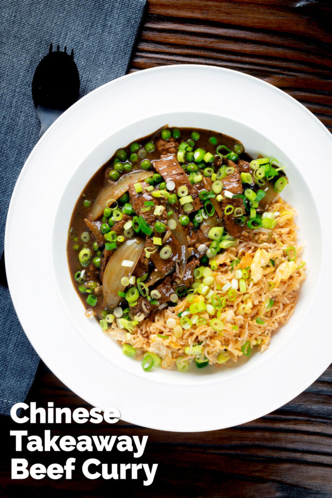 Overhead Chinese takeaway style beef curry served with egg fried rice featuring a title overlay.