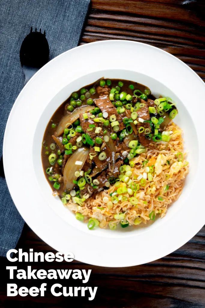 Overhead Chinese takeaway style beef curry served with egg fried rice featuring a title overlay.